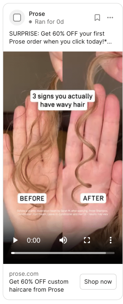 Graphic showcasing Before and After style Meta Ad hook from the Shampoo brand Prose.